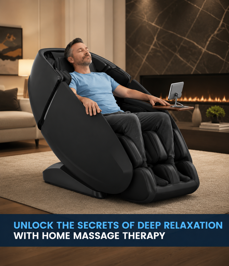 Person enjoying an at-home full-body massage chair with advanced massage therapy features, promoting stress relief, muscle recovery, relaxation, and everyday wellness.