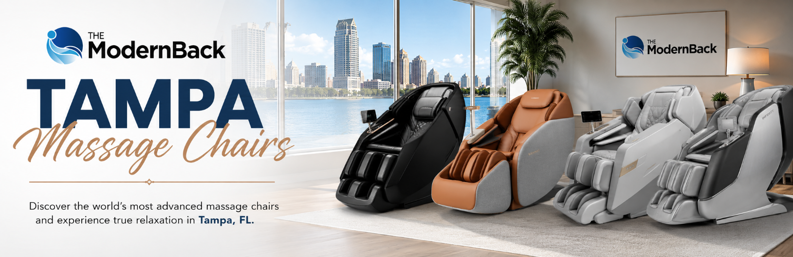 Promotional banner for ModernBack Tampa Massage Chairs showing three massage chairs in a bright modern room: one black, one tan/caramel, and one light gray. Large text reads 'Tampa Massage Chairs' with the ModernBack logo and city skyline in the background.