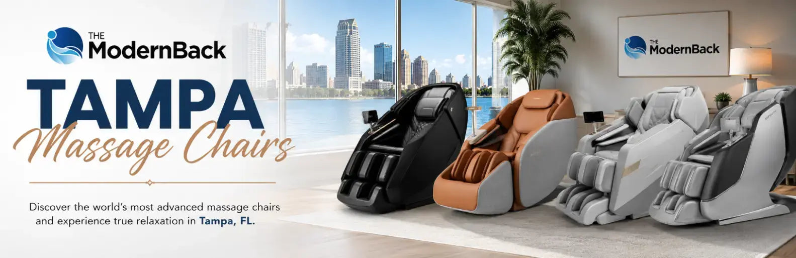 Promotional banner for The Modern Back Tampa Massage Chairs showing three massage chairs in a bright modern room: one black, one tan/caramel, and one light gray.