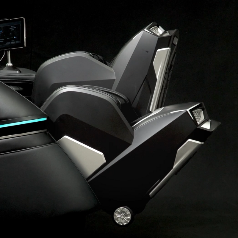 Osaki Trion massage chair showcasing innovative scissor-action leg massage mechanism, designed to simulate a walking motion and stretch the lower back, glutes, hamstrings, and knees.