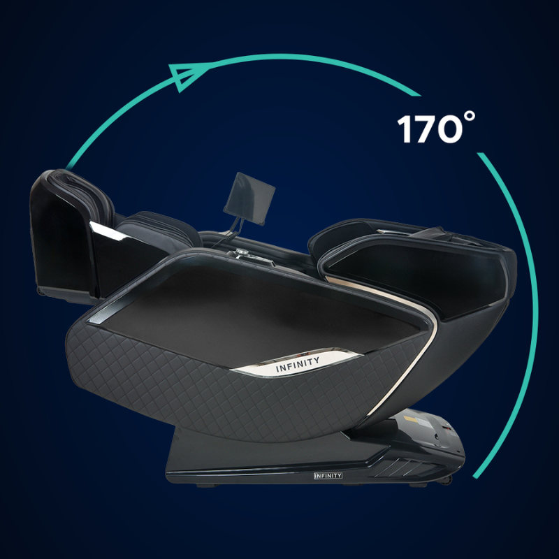 Massage chair in zero gravity position with the user reclined and legs elevated to create a weightless, pressure-free posture.