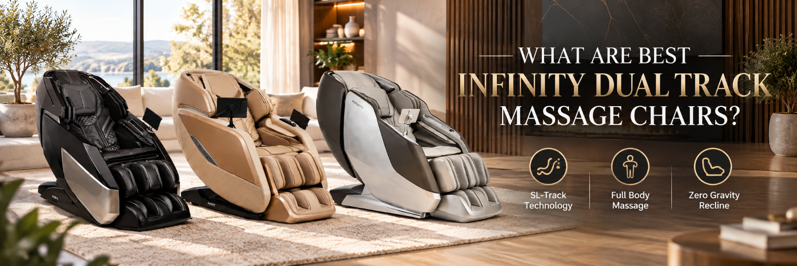 Infinity dual track massage chairs displayed in a luxury showroom with SL-Track and zero gravity features.