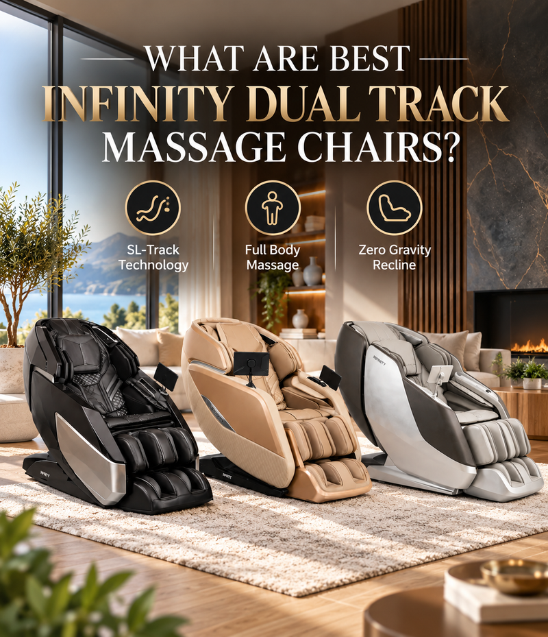 Three Infinity dual track massage chairs in a luxury showroom highlighting full-body massage features.