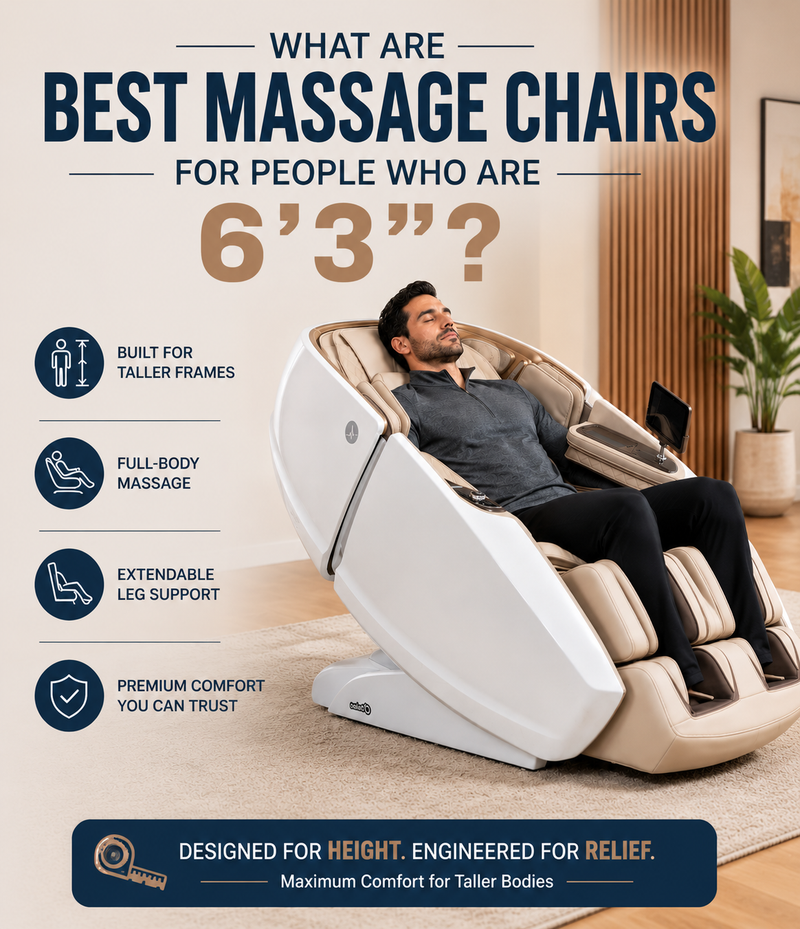 Tall man enjoying a premium massage chair designed for people who are 6'3" with full-body massage and extended leg support.