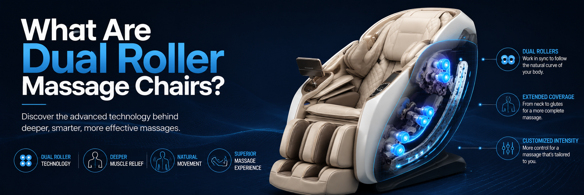 Desktop banner introducing dual roller massage chair technology, showcasing a luxury chair highlighting its advanced multi-mechanism design.