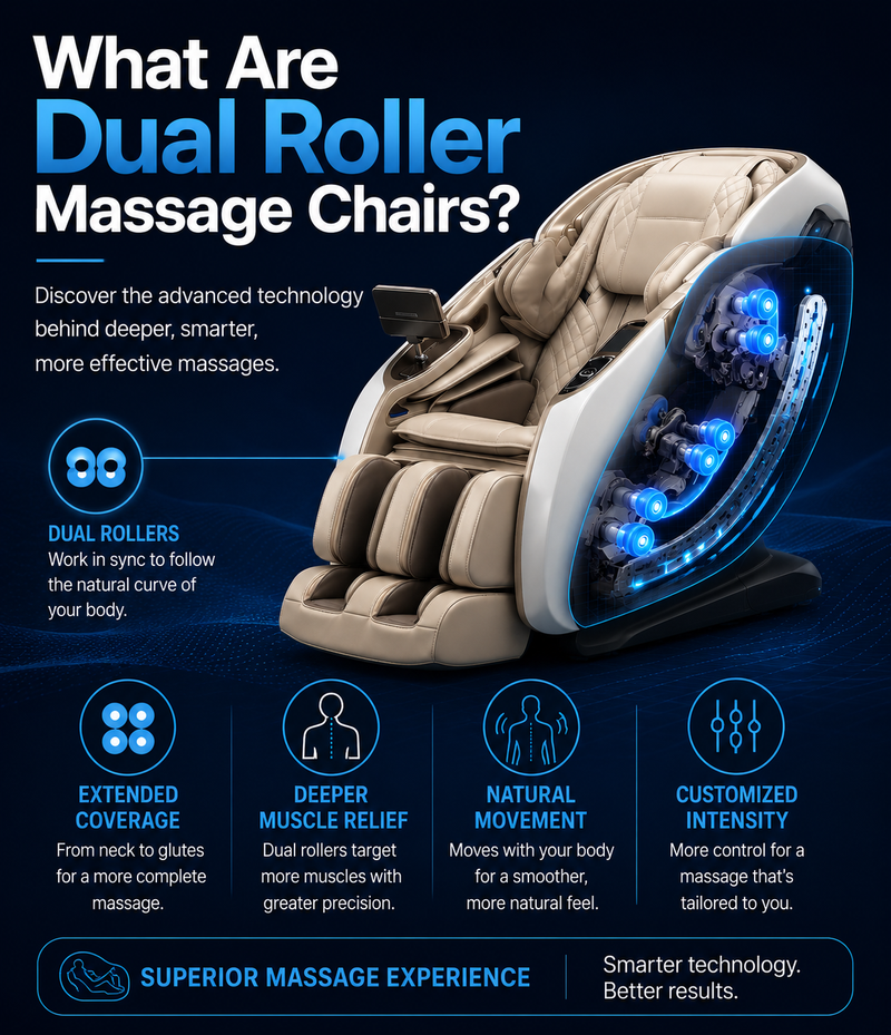 Mobile banner for "What Are Dual Roller Massage Chairs?" educational guide, featuring a premium massage chair.