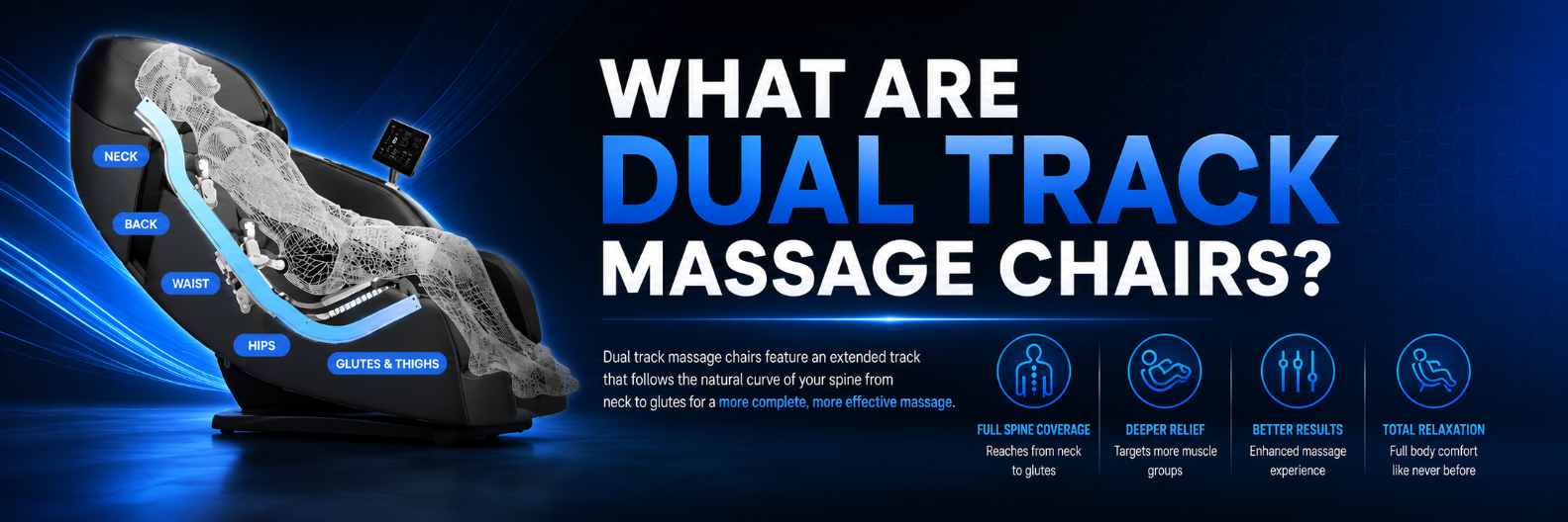 Desktop banner introducing dual-track massage chair technology, showcasing a luxury chair highlighting its ergonomic design.