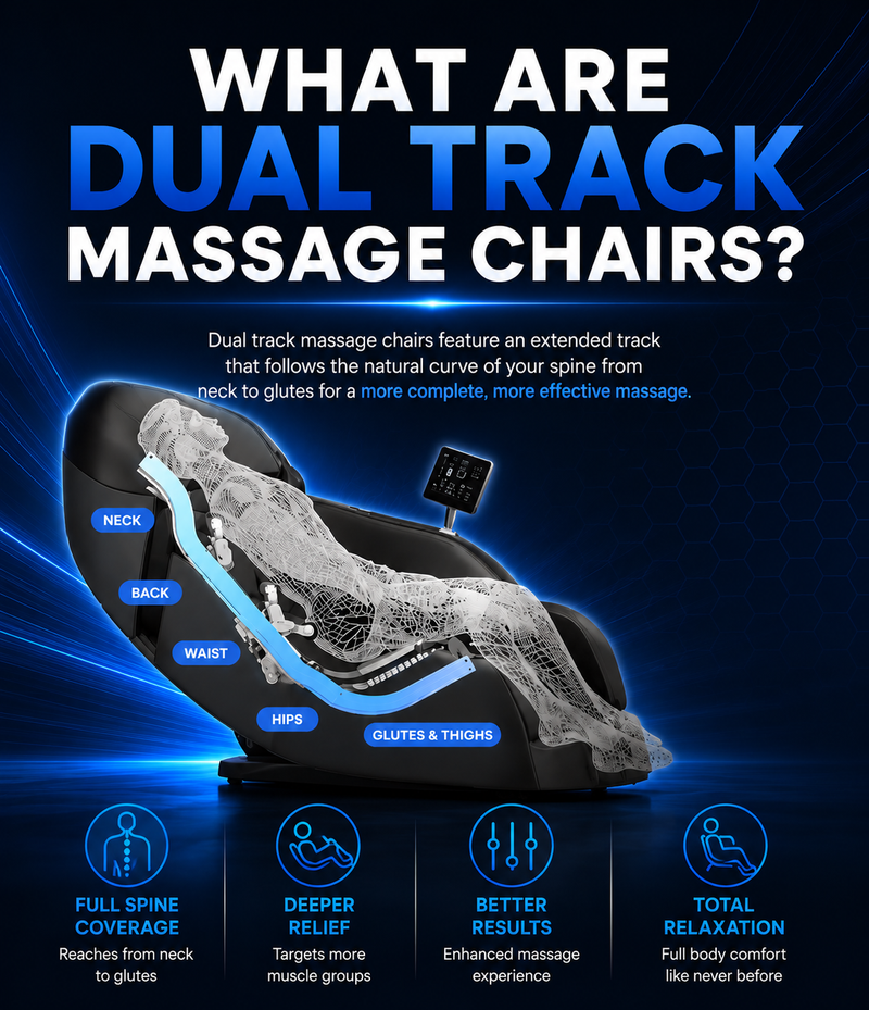 Mobile banner for "What Are Dual Track Massage Chairs?" educational guide, featuring a premium massage chair.