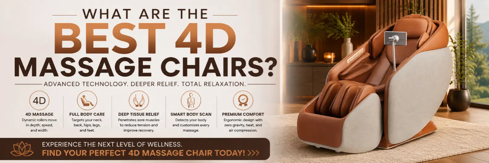 A promotional banner for a 4D massage chair. The left side features text reading 'WHAT ARE THE BEST 4D MASSAGE CHAIRS?' with feature icons, while the right side shows a brown and beige massage chair in a modern living room setting.