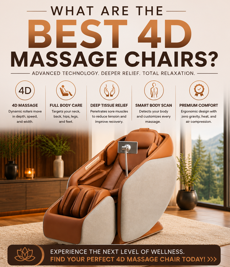 Promotional graphic for a 4D massage chair, featuring a large brown and beige massage chair in a modern living room setting, with text highlighting key features such as 4D massage, full body care, deep tissue relief, smart body scan, and premium comfort.