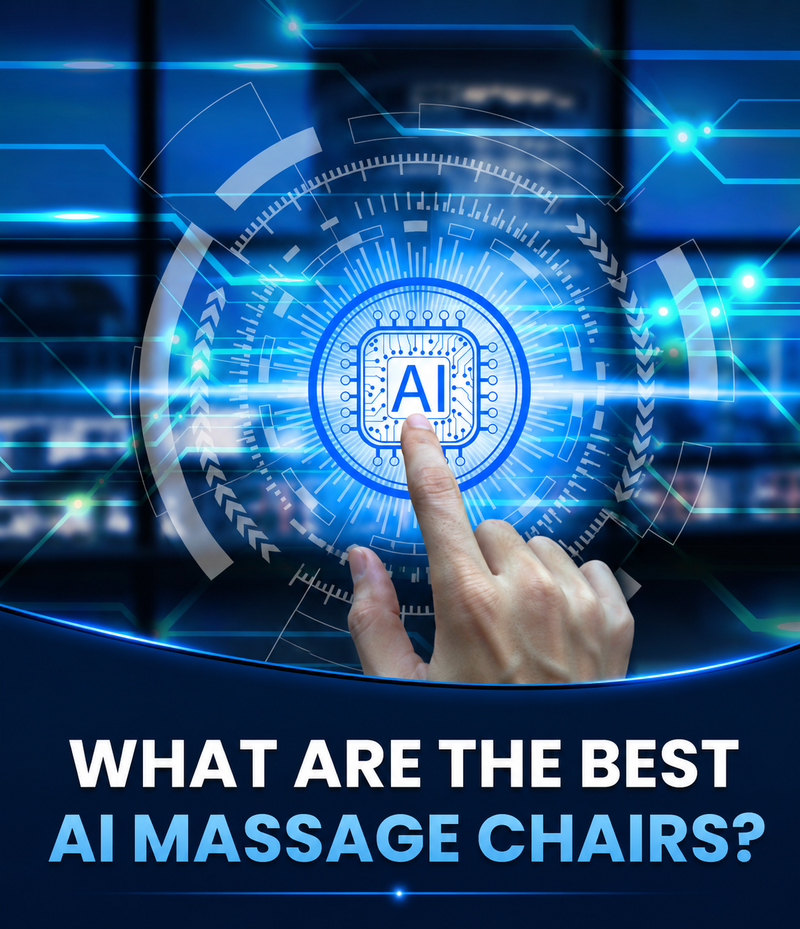 A futuristic blue digital graphic showing a human hand touching a glowing AI interface, with the text 'WHAT ARE THE BEST AI MASSAGE CHAIRS?' at the bottom.