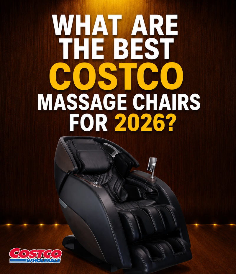 A black Costco massage chair shown against a dark wood background with large promotional text reading 'WHAT ARE THE BEST COSTCO MASSAGE CHAIRS FOR 2026?' and a Costco Wholesale logo at the bottom left.