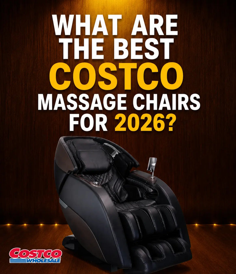 A black Costco massage chair shown against a dark wood background with large promotional text reading 'WHAT ARE THE BEST COSTCO MASSAGE CHAIRS FOR 2026?' and a Costco Wholesale logo at the bottom left.