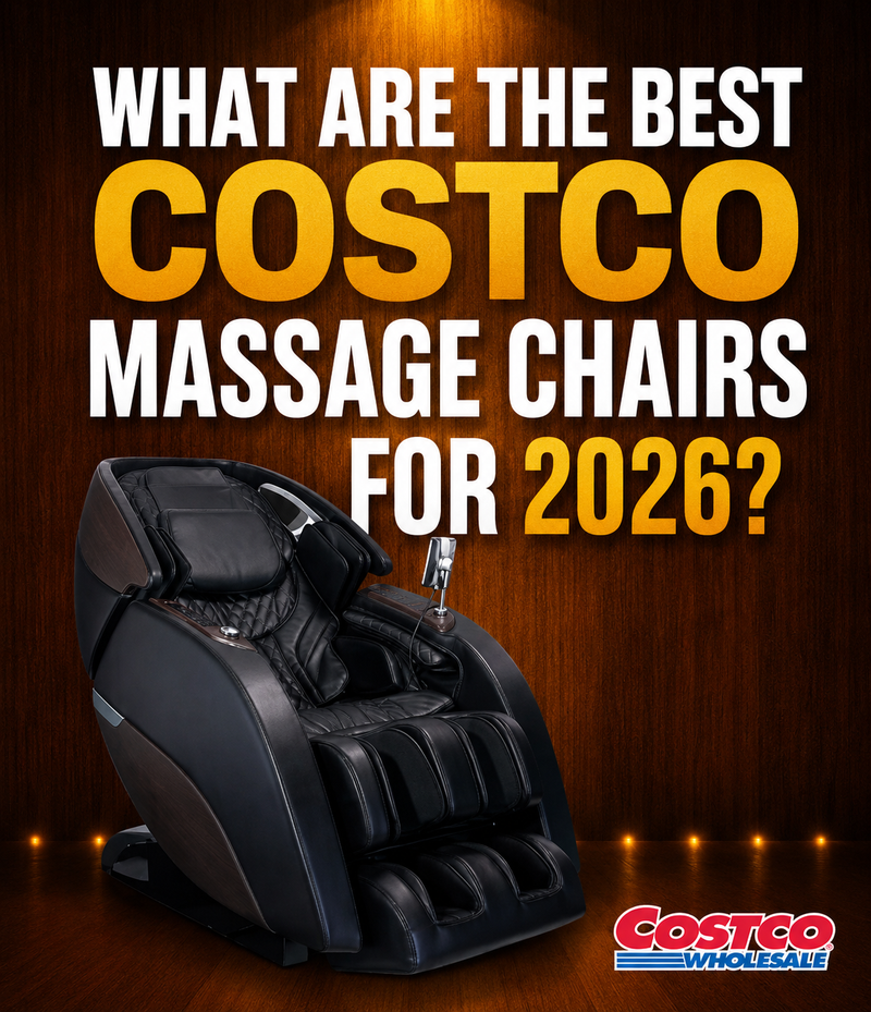 Black massage chair with text about the best Costco massage chairs for 2026 on a dark background