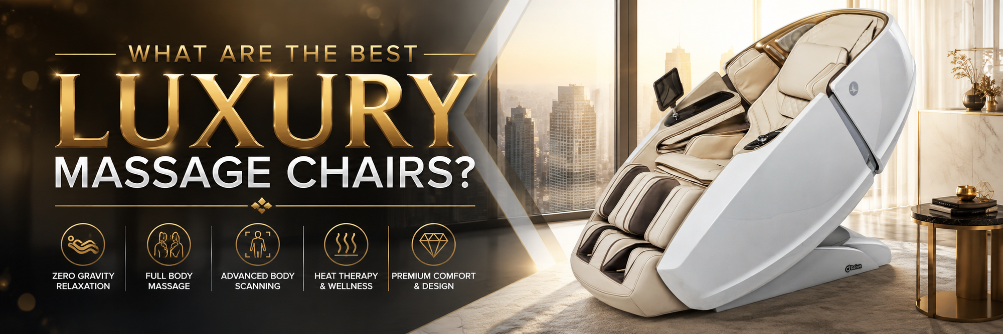 A luxury white and beige massage chair shown in a modern living room setting, next to a dark promotional banner with gold text reading 'WHAT ARE THE BEST LUXURY MASSAGE CHAIRS?' and feature icons.
