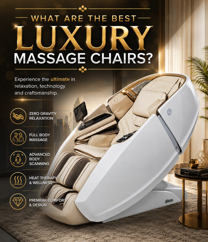 A luxury beige and white automatic massage chair shown in a styled interior setting with promotional text and feature icons on the left.