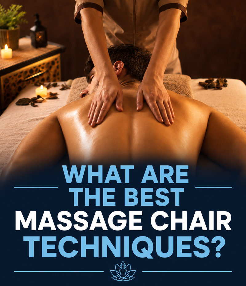 Massage therapist massaging a person's back on a massage table, with large text overlay reading 'WHAT ARE THE BEST MASSAGE CHAIR TECHNIQUES?' and a small lotus logo at the bottom.