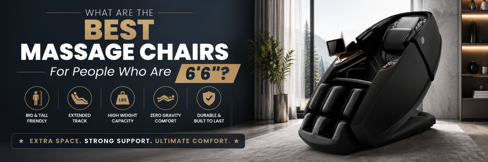 A black automatic massage chair shown in a modern room setting, next to a dark promotional banner with text and feature icons.
