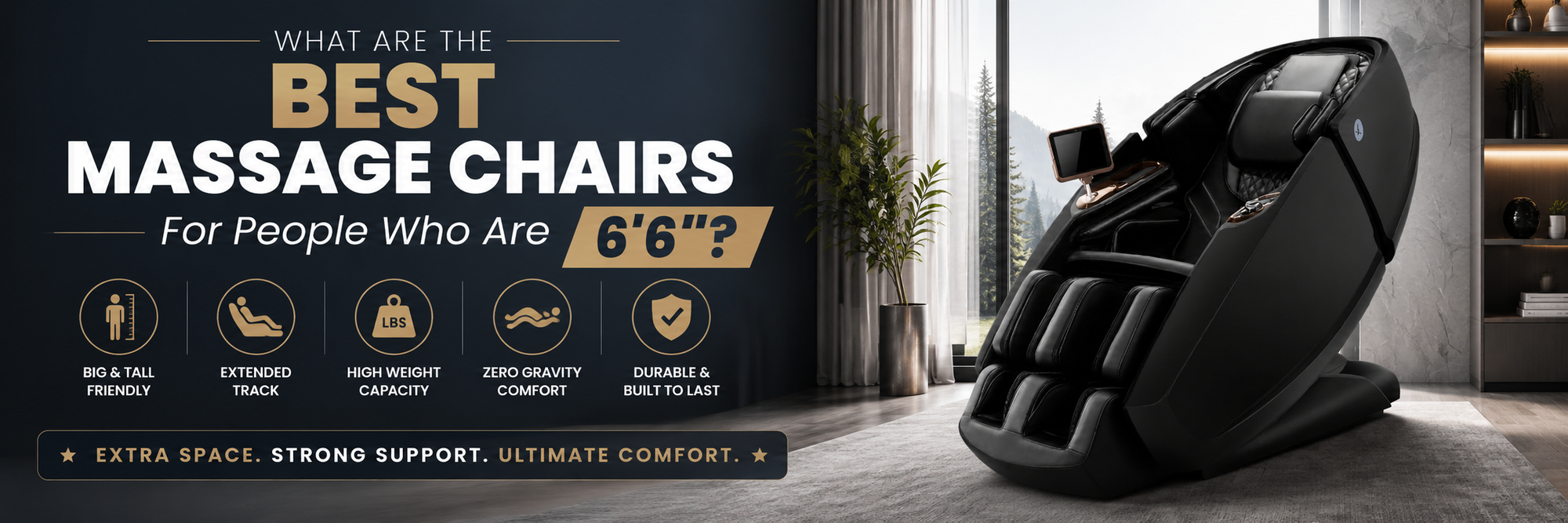 A black automatic massage chair shown in a modern room setting, next to a dark promotional banner with text and feature icons.