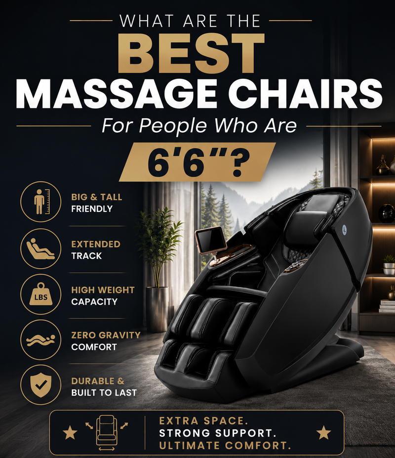 Promotional graphic for a black massage chair, featuring a large chair on a dark interior background with text highlighting features such as being big and tall friendly, extended track, high weight capacity, zero gravity comfort, and durable built last.