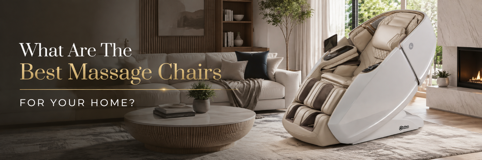 A modern white and beige massage chair shown in a styled living room setting with a sofa, coffee table, fireplace, and large promotional text on the left reading 'What Are The Best Massage Chairs FOR YOUR HOME?'.