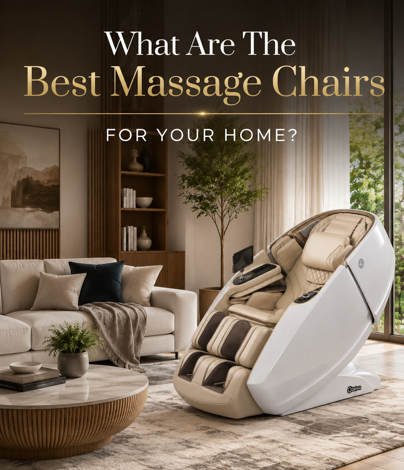 A beige and white modern massage chair is shown in a styled living room setting with a sofa, coffee table, and large windows, with the text 'What Are The Best Massage Chairs FOR YOUR HOME?' overlaid at the top.