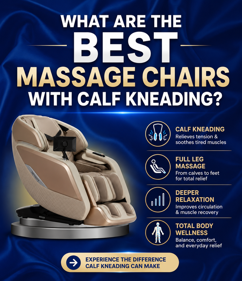 Promotional graphic for a massage chair with calf kneading, featuring a beige and brown massage chair on a dark blue background with text and feature callouts.