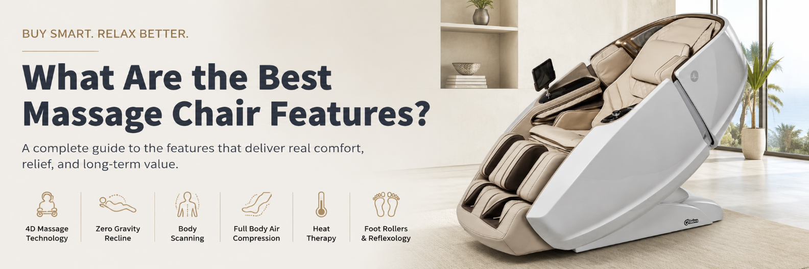 A promotional banner for a massage chair featuring a white and beige massage chair on the right, with large text reading 'What Are the Best Massage Chair Features?' and feature icons on the left, set against a bright interior background.