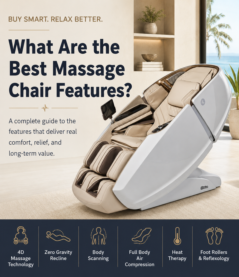 An advertisement for a modern massage chair, featuring a large beige and white chair in a bright, modern room setting. The ad includes text reading 'What Are the Best Massage Chair Features?' and a dark blue banner at the bottom detailing massage technologies such as 4D massage, zero gravity recline, body scanning, full body air compression, heat therapy, and foot rollers.