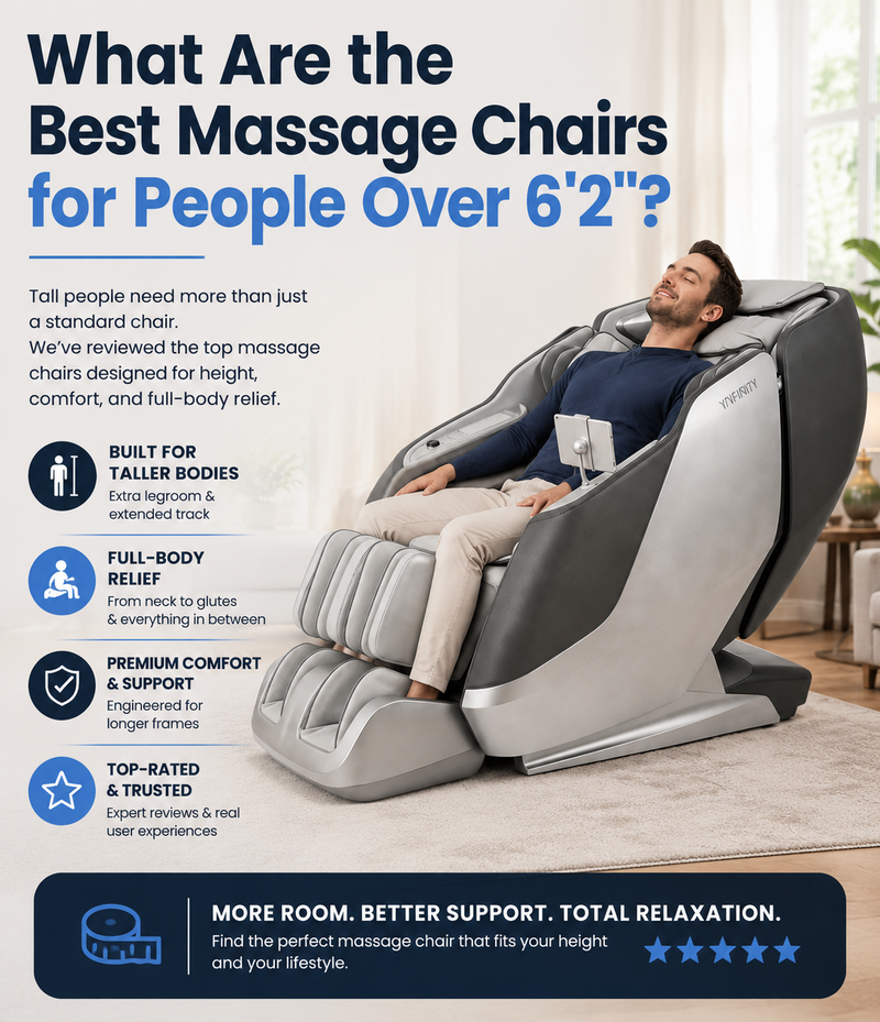 An informational marketing graphic for a massage chair. The right side shows a man reclining in a large gray and black massage chair in a living room setting.