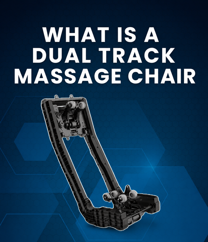 Mobile banner graphic for "What Is A Dual Track Massage Chair?" educational article, showing a modern massage chair.