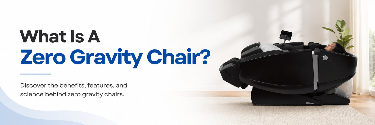 Person relaxing in a black zero gravity massage chair in a modern living room beside the title "What Is A Zero Gravity Chair?"
