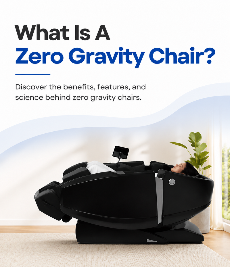 Reclined zero gravity massage chair with a person relaxing, displayed beneath the heading "What Is A Zero Gravity Chair?" in a bright contemporary room.