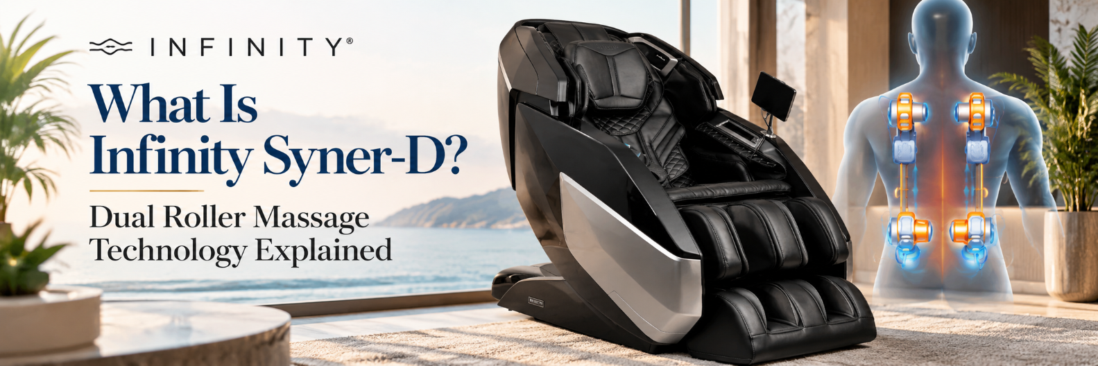Infinity Circadian massage chair demonstrating Syner-D dual roller massage technology for upper and lower body coverage.