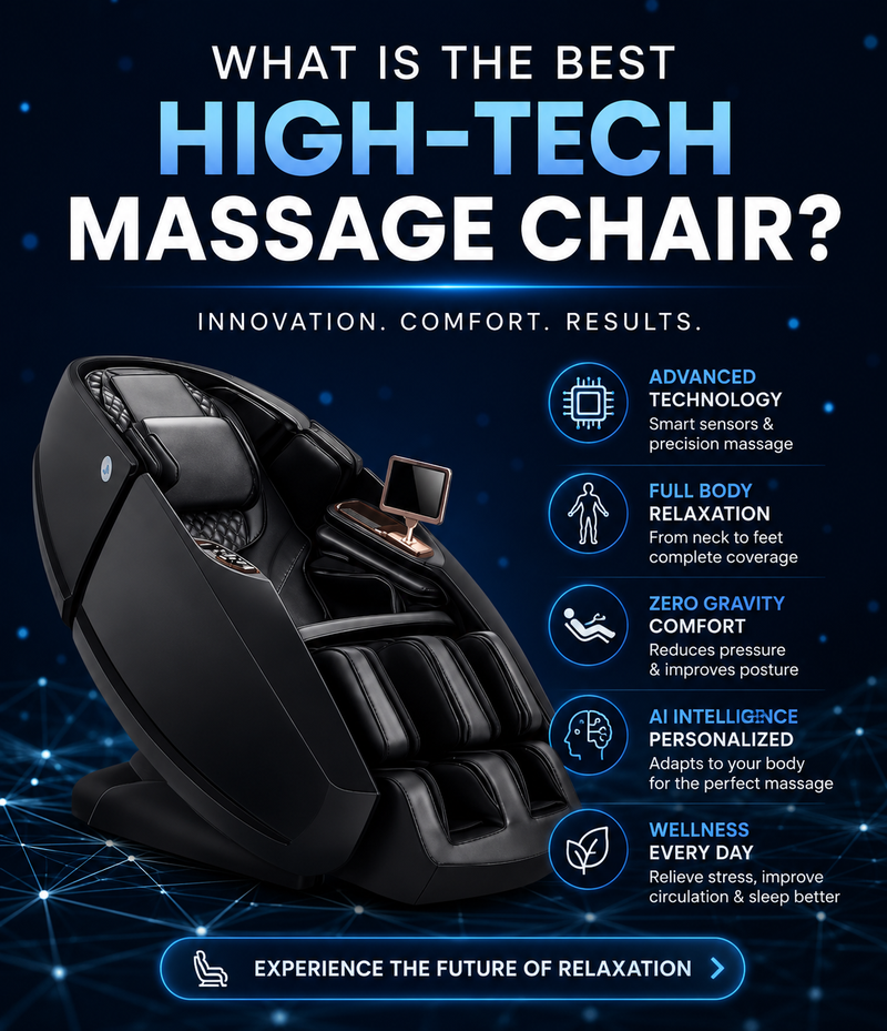 Promotional graphic for a high-tech massage chair, showing a black full-body massage chair on a dark blue background with text highlighting features like advanced technology, full body relaxation, zero gravity comfort, AI intelligence, and wellness every day.