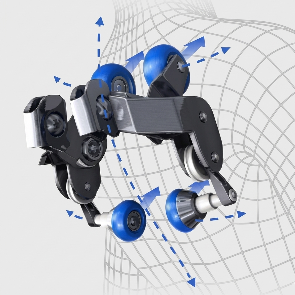 Massage chair roller mechanism diagram showing multi-directional movement along the back.
