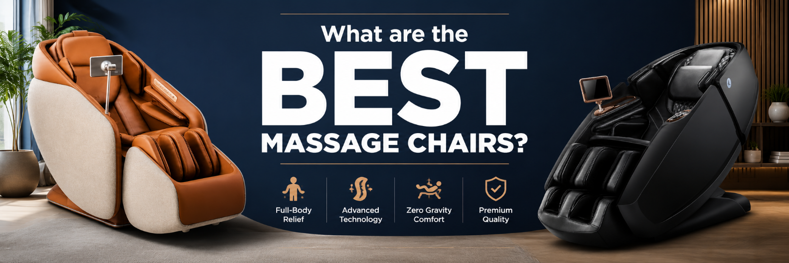 Promotional banner for massage chairs featuring two models: a brown and beige full-body massage chair on the left and a black headless massage chair on the right, set against a dark blue background with the text 'What are the BEST MASSAGE CHAIRS?' and feature icons below.