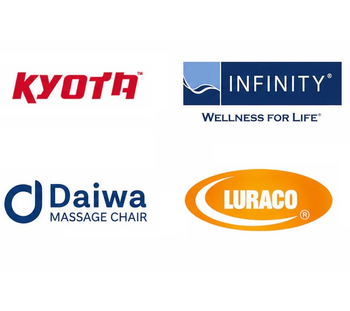 Logos of Kyota, Infinity, Daiwa Massage Chair, and Luraco on a white background.
