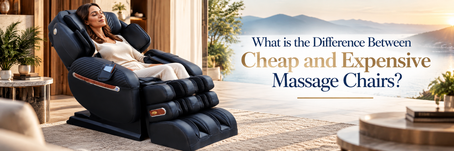 Woman relaxing in an expensive luxury massage chair in an upscale home wellness setting.