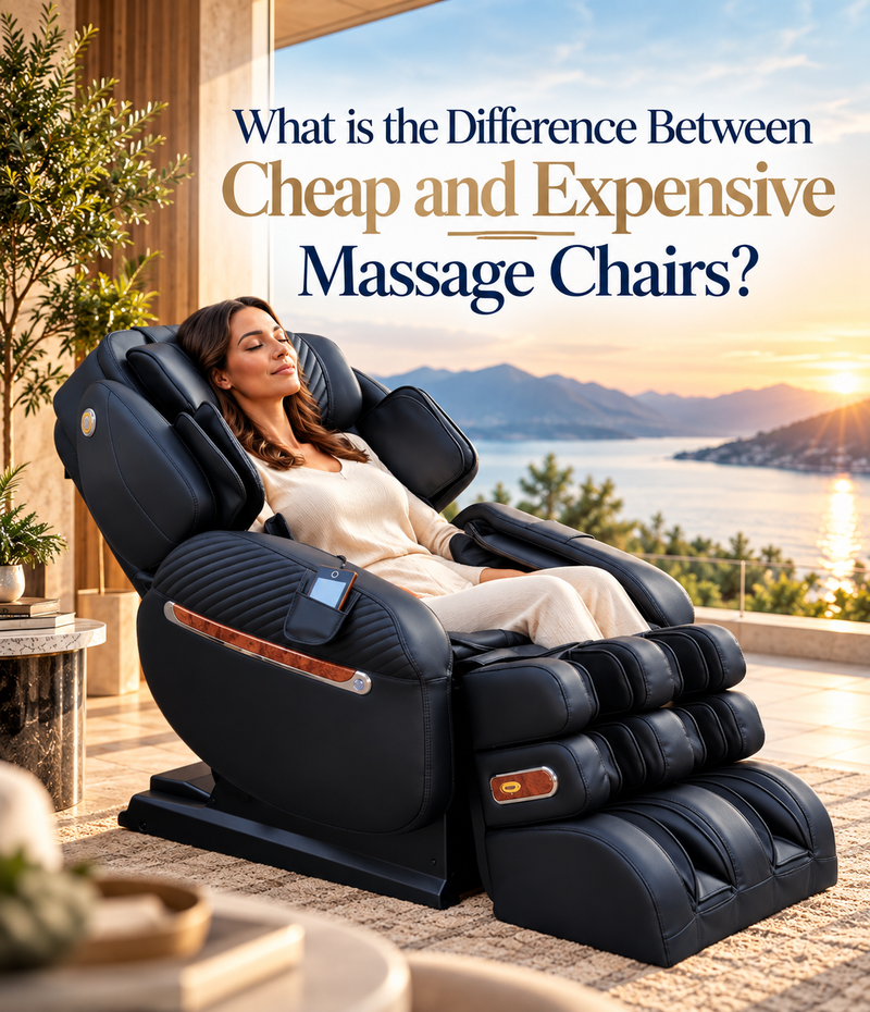 Woman reclining in a high-end massage chair overlooking a peaceful lake and mountain landscape.