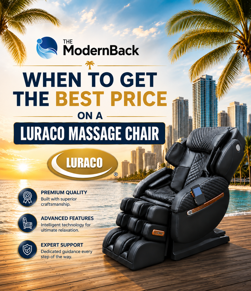 Luxury Luraco massage chair displayed in a showroom during a seasonal sales event with shoppers comparing premium models.