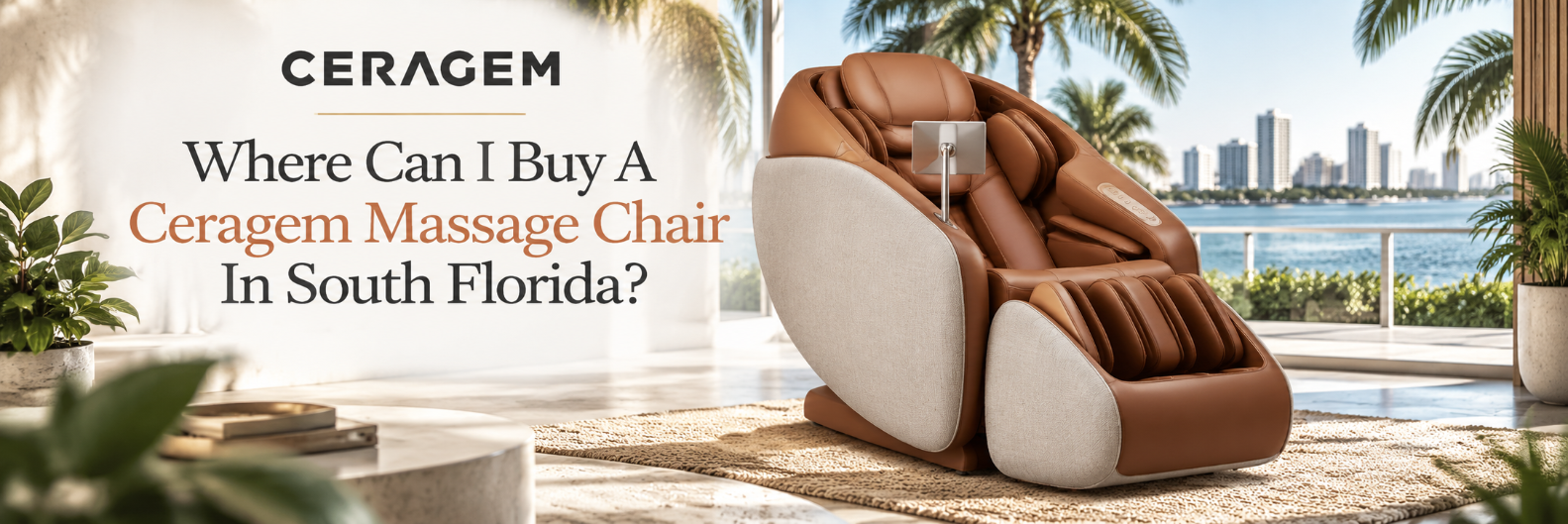 Ceragem Pause M10 massage chair displayed in a luxury South Florida waterfront setting.