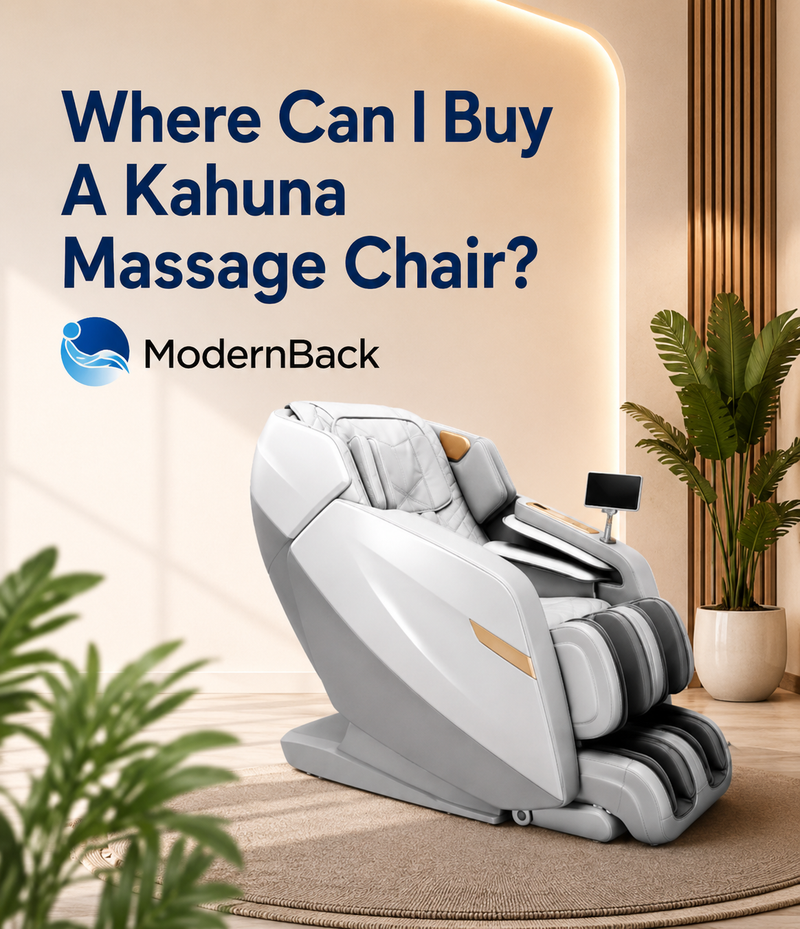 Mobile banner for “Where Can I Buy a Kahuna Massage Chair?” featuring a luxury Kahuna massage chair in a modern, spa-inspired home setting.