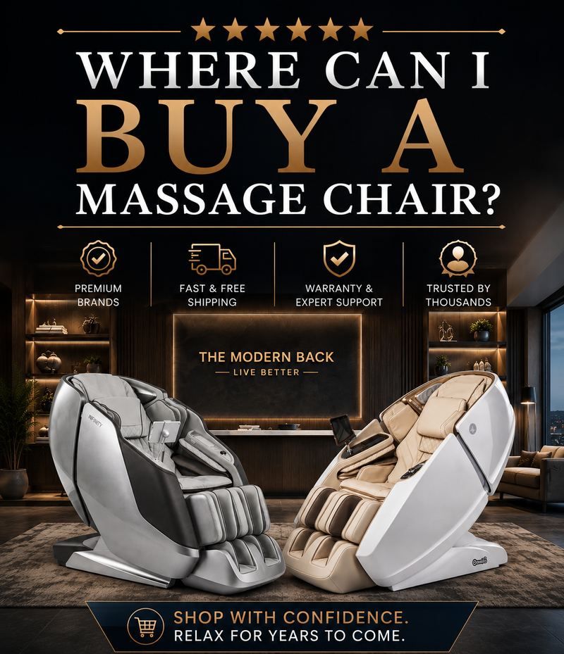 Promotional graphic for massage chairs showing two modern massage chairs in a luxurious interior setting. One chair is silver and black, and the other is beige and white.