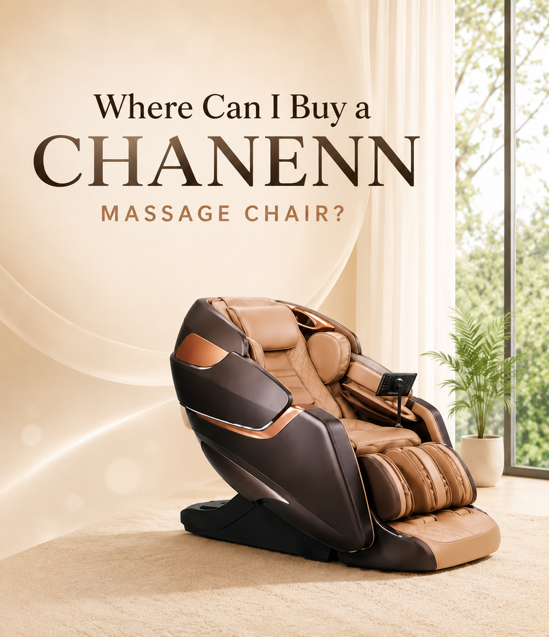 Mobile banner for “Where Can I Buy a CHANENN Massage Chair?” featuring a luxury CHANENN massage chair in a warm, modern home setting.