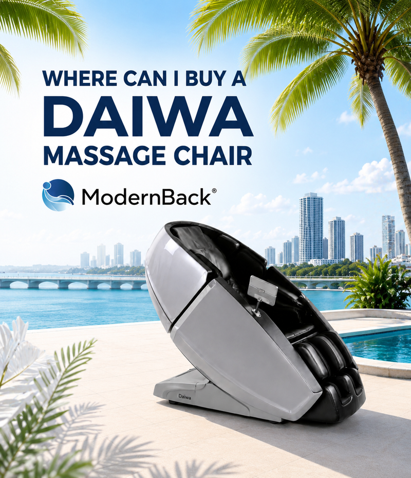 Mobile banner for “Where Can I Buy a Daiwa Massage Chair?” featuring a luxury Daiwa massage chair in a tropical waterfront setting with palm trees and Sarasota skyline views.