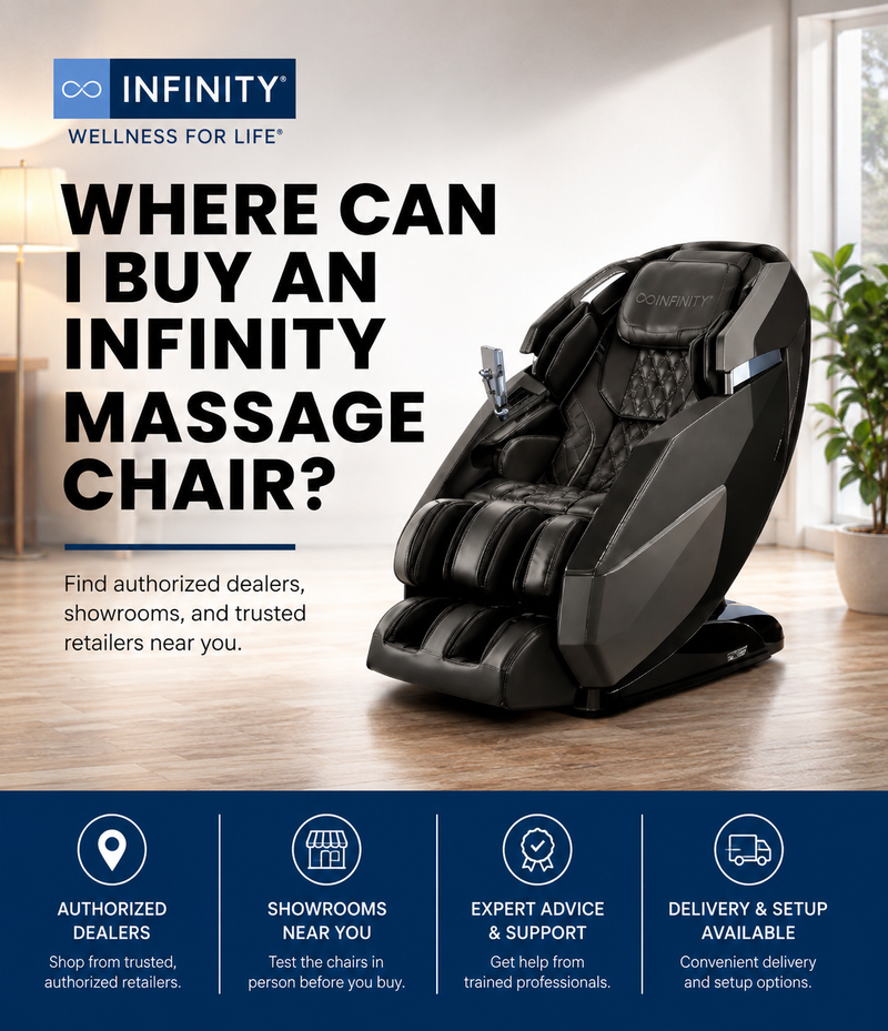 Promotional ad for an Infinity massage chair showing the black and gray chair in a bright room, with large text asking where to buy an Infinity massage chair and a blue footer with dealer information.