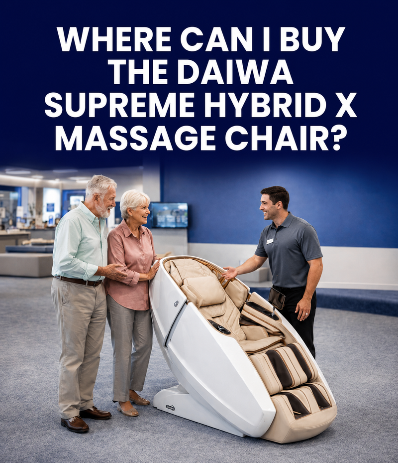 Senior couple exploring the Daiwa Supreme Hybrid X massage chair with a showroom specialist in a luxury massage chair showroom for an article about where to buy the Daiwa Supreme Hybrid X.