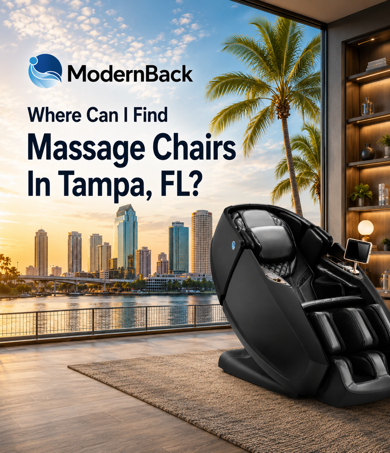 Customer exploring premium luxury massage chairs at The Modern Back massage chair showroom near Tampa, FL.