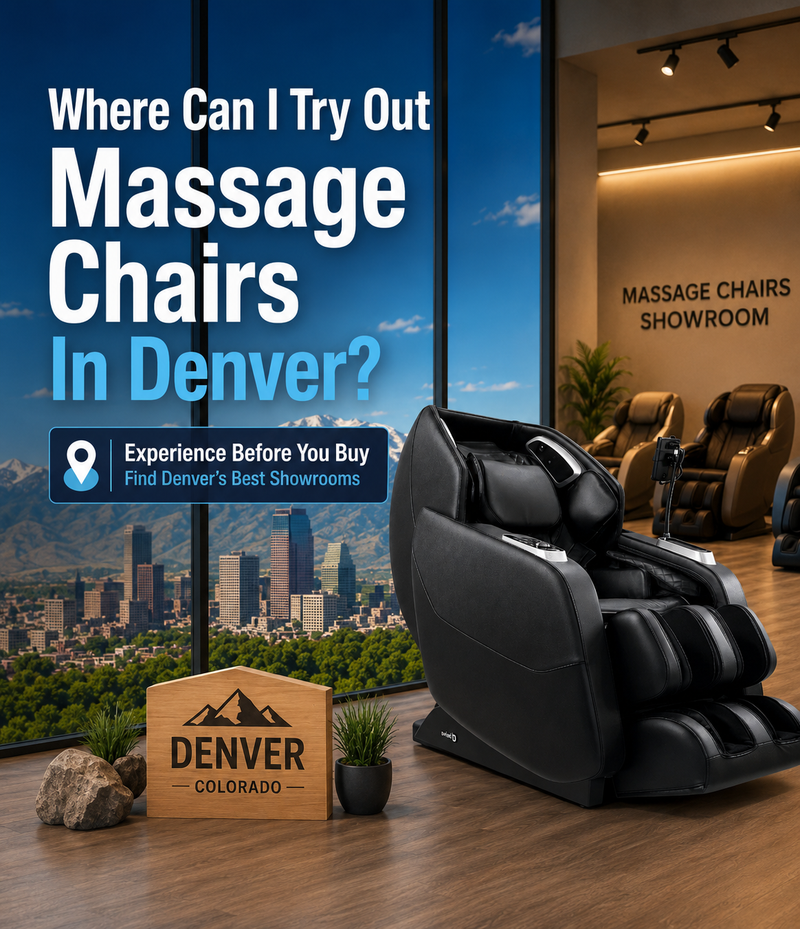 Customer exploring Daiwa massage chairs at The Modern Back Denver massage chair showroom
